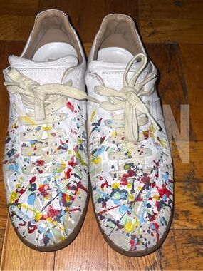 Maison Martin Margiela White Leather Sneakers with Multicolor Paint Splatter